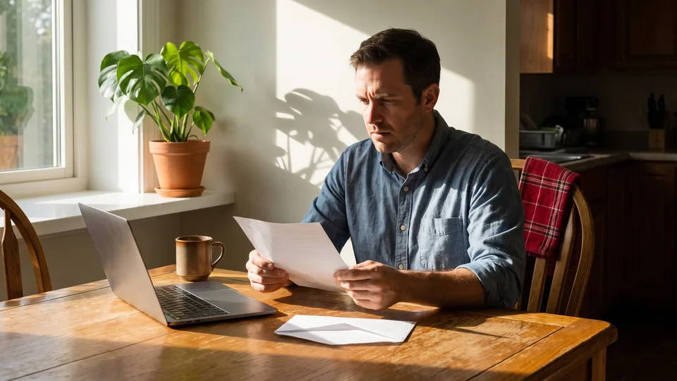 Middle Tennessee man at his kitchen table reading a coverage termination letter before open enrollment