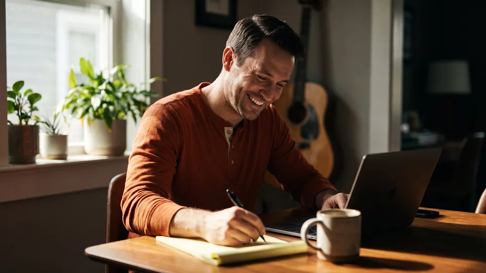 Self-employed Nashville man at his kitchen table writing a list of his doctors before open enrollment