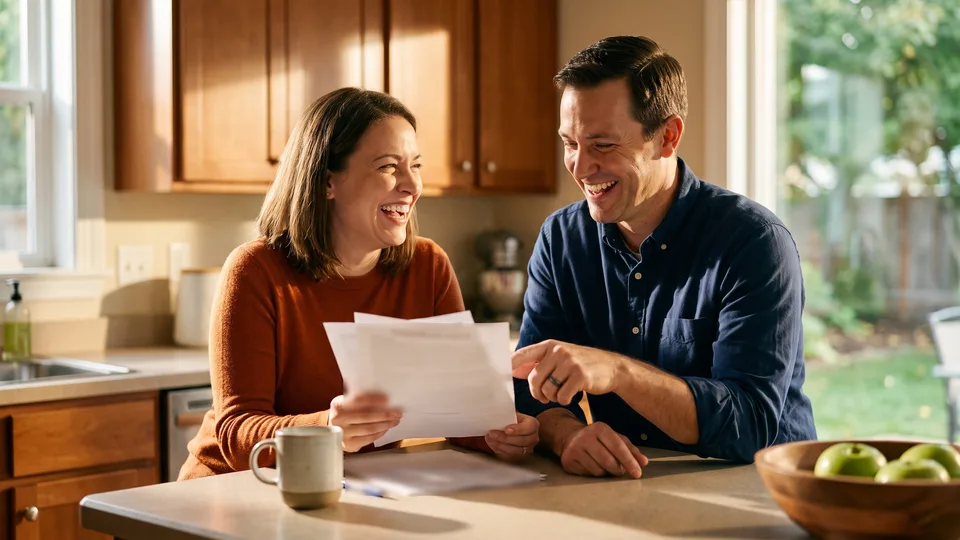 Nolensville couple at their kitchen island reviewing employer benefits paperwork before open enrollment