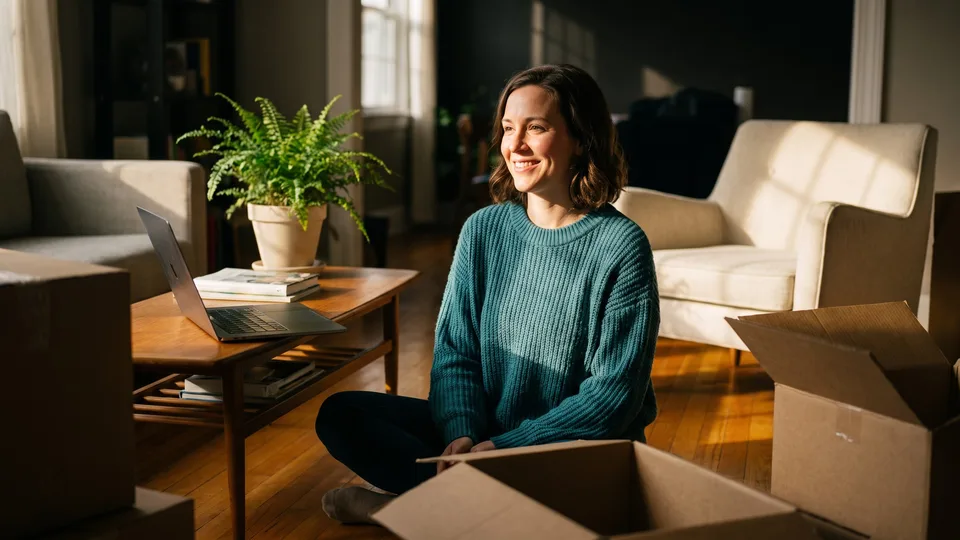 Woman sitting on the floor of a Rutherford County living room beside half-unpacked moving boxes with a laptop open in front of her
