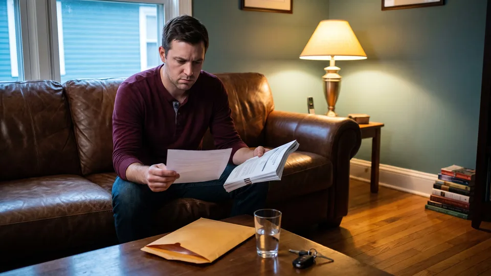 Reading a health insurance policy document at home in Middle Tennessee after filing a claim