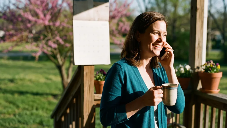 Smiling Middle Tennessee woman on a sunny spring porch talking on the phone about health coverage